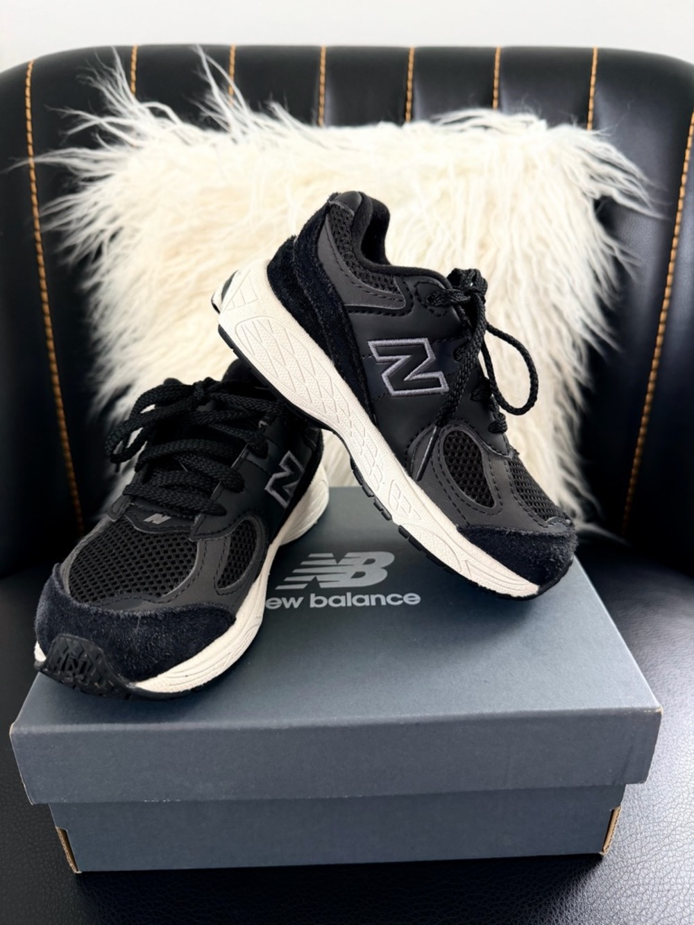 New Balance 2002R Kids Black and White Lace-Up Sneakers